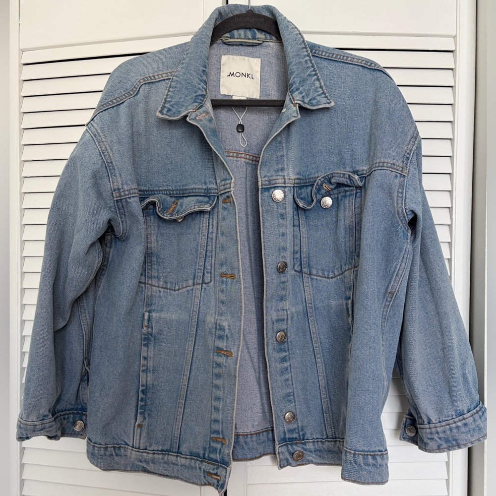 Monki Pale Blue Denim Jacket with Black Hanger Detail
